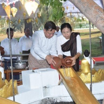 Senior General Min Aung Hlaing, wife Daw Kyu Kyu Hla,families of the Office of Commander-in-Chief (Army, Navy and Air)water Maha Bodhi banyan trees on full moon day of Kason