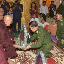 Senior General Min Aung Hlaing inspects Kyaikthalan Pagoda in Mawlamyine, Mon State, damaged by downpours and visits flood victims in Mawlamyine and Ye