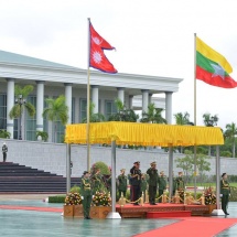 တပ်မတော်ကာကွယ်ရေးဦးစီးချုပ် ဗိုလ်ချုပ်မှူးကြီး မင်းအောင်လှိုင် နီပေါတပ်မတော်ကြည်းတပ်ဦးစီးချုပ် General Rajendra Chheri အားဂုဏ်ပြုကြိုဆို၊ တွေ့ဆုံဆွေးနွေး၊ ဂုဏ်ပြုနေ့လယ်စာဖြင့်တည်ခင်းဧည့်ခံ