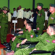 Senior General Min Aung Hlaing addresses ceremony to hand over apartments of advanced War Veterans Housing (Yangon-1/2) in Myaingthaya and Kyetphyukan and E-Bike powered wheelchairs