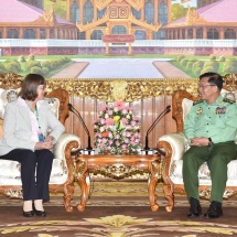 တပ်မတော်ကာကွယ်ရေးဦးစီးချုပ် ဗိုလ်ချုပ်မှူးကြီး မင်းအောင်လှိုင် မြန်မာနိုင်ငံဆိုင်ရာ ဂျာမနီနိုင်ငံသံအမတ်ကြီး H.E. Mrs. Dorothee Janetzke -Wenzel အား လက်ခံတွေ့ဆုံ