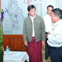 Vice-President U Henry Van Thio, Commander-in-Chief of Defence Services Senior General Min Aung Hlaing inspect damaged dam, flooding in Yedashe Township