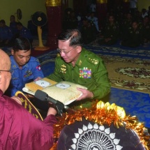 Families of Tatmadaw (Army, Navy and Air), well-wishers donate rice, edible oil, salt, gram, medicines and cash for nine prerequisites to Pariyatti monasteries, nunneries, home for the aged in Lewe Township, Nay Pyi Taw 