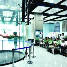 Senior General Min Aung Hlaing inspects practical body control of officer trainees and other rank trainees of 1st Batch Free Fall (Women) Training at Indoor Skydiving