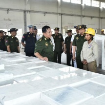 Senior General Min Aung Hlaing visits marble tile factory (Mandalay),dairy cow farming project, construction site of ancient cannon museum in Mandalay Palace