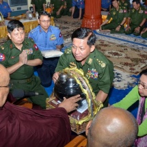 Families of Tatmadaw (Army, Navy and Air) and well-wishers donated rice, edible oil, salt, gram, medicines and cash for trust fund of rice to monasteries, nunneries and homes for the aged in Lewe Township of Nay Pyi Taw
