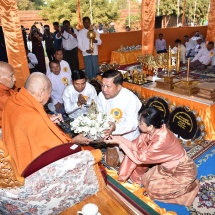 Religious objects enshrined at upper reliquary, diamond orb, pennant-shaped vane and golden umbrella hoisted atop Htilominlo Pagoda, consecration held