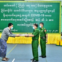 Families of Tatmadaw (Army, Navy and Air) donate four kinds of food items rice, cooking oil, gram and salt  to members of press, artists and traditional boxing organization, for their food safety during the COVID-19 containment period
