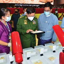 Chairman of State Administration Council Commander-in-Chief of Defence Services Senior General Min Aung Hlaing attends first-day session of the sale of pearl lots and gems- April 2021