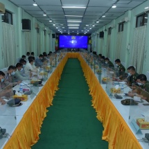 Chairman of State Administration Council Commander-in-Chief of Defence Services Senior General Min Aung Hlaing meets members of Magway Region Administration Council, departmental staff