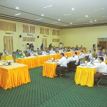 Chairman of State Administration Council Commander-in-Chief of Defence Services Senior General Min Aung Hlaing addresses coordination meeting to extend opening of degree courses on economics and law at universities