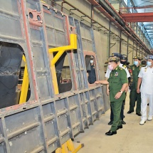 Chairman of State Administration Council Commander-in-Chief of Defence Services Senior General Min Aung Hlaing inspects passenger coach and wagon factory of Myanma Railways in Myitnge