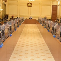Chairman of State Administration Council Commander-in-Chief of Defence Services Senior General Min Aung Hlaing delivers address at meeting 6/2021 of Management Committee of SAC