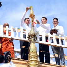 Diamond orb, pennant-shaped vane, golden umbrella hoisted atop Shwedagon Relipca Pagoda with consecration ceremony in conjunction with sharing merits gained for donation of Saddhammajotika Ordination Hall at Myanmar Theravada Buddha Vihara in Moscow