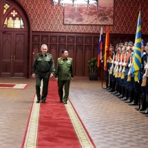 Chairman of State Administration Council Commander-in-Chief of Defence Services Senior General Min Aung Hlaing welcomed by Defence Minister of Russian Federation, discussions held