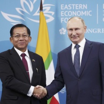 SAC Chairman Prime Minister Senior General Min Aung Hlaing holds talks with President of Russian Federation H.E. Vladimir Vladimirovich Putin