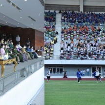 နိုင်ငံတော်စီမံအုပ်ချုပ်ရေး ကောင်စီဥက္ကဋ္ဌ တပ်မတော်ကာကွယ်ရေးဦးစီးချုပ် ဗိုလ်ချုပ်မှူးကြီး မင်းအောင်လှိုင် ၂၀၂၂ ခုနှစ်၊ တပ်မတော်(ကြည်း၊ရေ၊လေ) အားကစားပြိုင်ပွဲ ဆုချီးမြှင့်ပွဲ အခမ်းအနားသို့ တက်ရောက်၍ ဆုများပေးအပ်ချီးမြှင့်