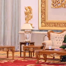 Chairman of State Administration Council Commander-in-Chief of Defence Services Senior General Min Aung Hlaing receives delegation led by Air Chief Marshal Punpakdee Pattanakul of Royal Thai Air Force