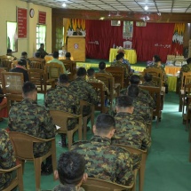 SAC Chairman Prime Minister Senior General Min Aung Hlaing meets officers, other ranks, families from local battalion in Lahe, Homalin station