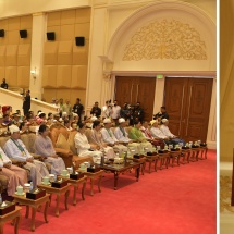 Chairman of State Administration Council Prime Minister Senior General Thadoe Maha Thray Sithu Thado Thiri Thudhamma Min Aung Hlaing and Daw Kyu Kyu Hla attend 2023 Diamond Jubilee Independence Day commemorative honorary title presentation ceremony