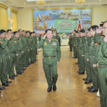 Chairman of State Administration Council Commander-in-Chief of Defence Services Senior General Min Aung Hlaing addresses ceremony to honour military doctors who served at physician-insufficient township, station hospitals in transport-poor far-flung corners of Naga Self-Administered Zone, Chin State and Sagaing Region