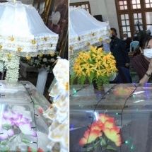 Chairman of State Administration Council Prime Minister Senior General Min Aung Hlaing pays respects to remains of State Ovadacarira Sangha Raja of Shwekyin Sayadaw Bhaddanata Vijjota, looks into the requirements of the funeral rites