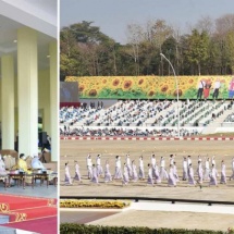 State Administration Council Chairman Prime Minister Senior General Maha Thray Sithu Min Aung Hlaing addresses ceremony to honour the Diamond Jubilee Union Day 2022, takes the salute of military columns