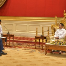State Administration Council Chairman Prime Minister Senior General Min Aung Hlaing receives H.E. Mr. Maxim RESHETNIKOV, Minister of Economic Development of the Russian Federation