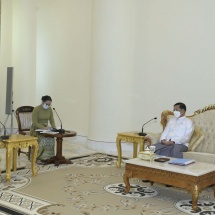 SAC Chairman Prime Minister Senior General Min Aung Hlaing receives Ms Noeleen Heyzer, Special Envoy of the United Nations Secretary-General on Myanmar