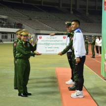 Chairman of State Administration Council Commander-in-Chief of Defence Services Senior General Min Aung Hlaing watches final match of 60th Commander-in-Chief of Defence Services’ Trophy Tatmadaw (Army, Navy, and Air) Football Tournament, presents prizes Nay Pyi Taw November 24 Camp Commandant’s Office of the Office of Commander-in-Chief (Army) team earn a well-deserved victory 