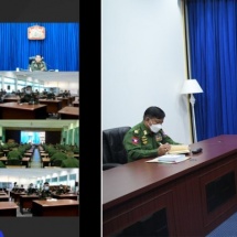 Chairman of State Administration Council Commander-in-Chief of Defence Services Senior General Min Aung Hlaing addresses officer instructors and officer trainees of NDC through video conferencing