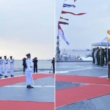 Chairman of State Administration Council Commander-in-Chief of Defence Services Senior General Min Aung Hlaing attends commissioning of warships and transferring of commissioned ships to Myanmar Coastguard in commemoration of Diamond Jubilee of Tatmadaw (Navy)