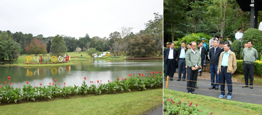 SAC Chairman Prime Minister Senior General Min Aung Hlaing inspects National Kandawgyi Gardens in PyinOoLwin