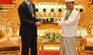 Chairman of State Administration Council Prime Minister Senior General Thadoe Maha Thray Sithu Thadoe Thiri Thudhamma Min Aung Hlaing conferred honorary title for performance on H.E.Mr. Nikolai PATRUSHEV, Secretary of the Security Council of the Russian Federation