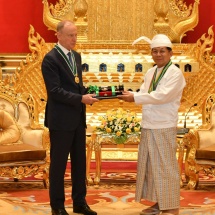 Chairman of State Administration Council Prime Minister Senior General Thadoe Maha Thray Sithu Thadoe Thiri Thudhamma Min Aung Hlaing conferred honorary title for performance on H.E.Mr. Nikolai PATRUSHEV, Secretary of the Security Council of the Russian Federation