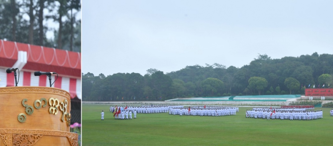 နိုင်ငံတော်စီမံအုပ်ချုပ်ရေးကောင်စီဥက္ကဋ္ဌ တပ်မတော်ကာကွယ်ရေးဦးစီးချုပ် ဗိုလ်ချုပ်မှူးကြီး သတိုးမဟာသရေစည်သူ သတိုးသီရိသုဓမ္မ  မင်းအောင်လှိုင် စစ်တက္ကသိုလ် ဗိုလ်လောင်းသင်တန်းအမှတ်စဉ်(၆၅) သင်တန်းဆင်းဂုဏ်ပြုစစ်ရေးပြ အခမ်းအနားသို့ တက်ရောက် မိန့်ခွန်းပြောကြား