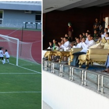 SAC Chairman Prime Minister Senior General Min Aung Hlaing watches final of  football Tournament (Men) of Inter-Education Degree College Sports Competition for 2023-2024 academic year, gives away prizes