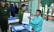 Chairman of State Administration Council Commander-in-Chief of Defence Services Senior General Min Aung Hlaing and Daw Kyu Kyu Hla cordially gives warm words of encouragement to officers and other ranks and MPF members, wounded while discharging national defence and security duties