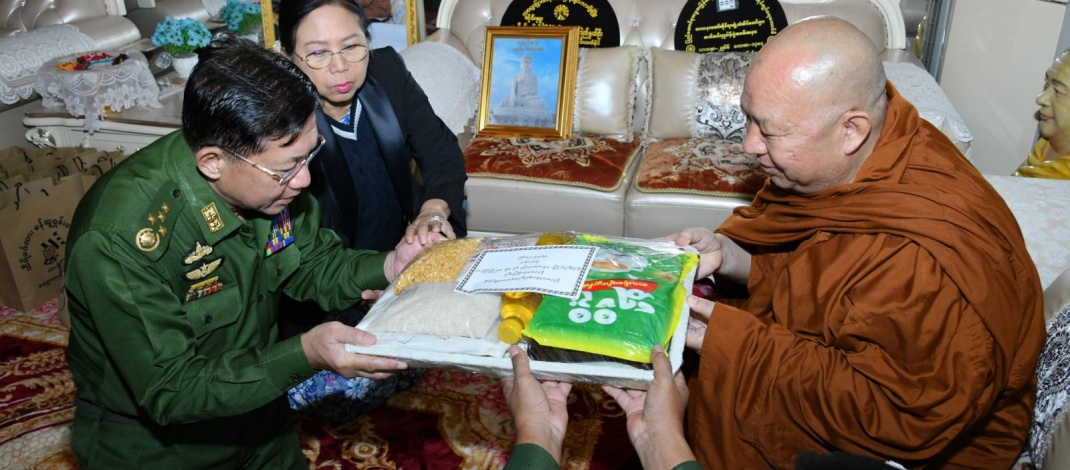 SAC Chairman Prime Minister Senior General Min Aung Hlaing, wife Daw Kyu Kyu Hla comfort temporarily internally displaced persons at Thiri Mingala Mansu Shan Monastery in Lashio