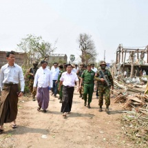 Chairman of State Administration Council Prime Minister Senior General Min Aung Hlaing comforts victims of tornado-hit villages in Leway Township and provides necessary assistance