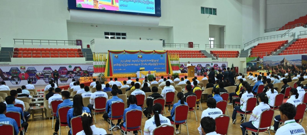 Chairman of State Administration Council Prime Minister Senior General Min Aung Hlaing addresses ceremony to honour Myanmar sports teams that won medals in Asian and world level sports meets in 2023 by the State