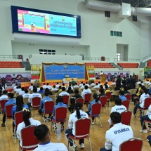 Chairman of State Administration Council Prime Minister Senior General Min Aung Hlaing addresses ceremony to honour Myanmar sports teams that won medals in Asian and world level sports meets in 2023 by the State