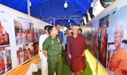 Chairman of State Administration Council Commander-in-Chief of Defence Services Senior General Min Aung Hlaing and Daw Kyu Kyu Hla look into the requirements of preparations to hold the funeral rites of Patron Sayadaw of Naga Hnakaung Monastery in Tachilek successfully