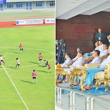 Chairman of State Administration Council Prime Minister Senior General Min Aung Hlaing spectates final match of football tournament of Inter-Technological/Computer Science Universities Games, presents prizes