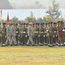 Chairman of State Administration Council Commander-in-Chief of Defence Services Senior General Thadoe Maha Thray Sithu Thadoe Thiri Thudhamma Min Aung Hlaing delivers address at Passing out Parade of Thura Company of 128th Intake of Officers Training Course of Defence Services (Army) Officers Training School (Bahtoo)