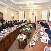 SAC Chairman Prime Minister Senior General Min Aung Hlaing meets Belarusian Prime Minister H.E.Mr. Roman Alexandrovich Golovchenko