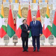 President of the Republic of Belarus H.E. Mr. Alexander Gregoryevich Lukashenko warmly welcomes SAC Chairman Prime Minister Senior General Min Aung Hlaing, holds meeting