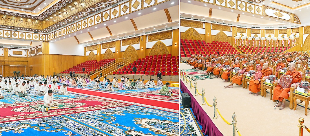 Chairman of State Administration Council Prime Minister Senior General Min Aung Hlaing and wife Daw Kyu Kyu Hla offer day meal to Sayadaws who will be conferred on religious titles for 2025