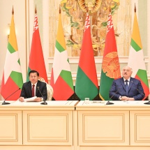Reciprocal joint declaration of two countries and speeches delivered by President of the Republic of Belarus H.E.Mr. Alexander Grigoryevich Lukashenko and SAC Chairman Prime Minister Senior General Min Aung Hlaing in meeting with media