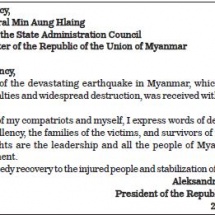 Global leaders extend condolences to Myanmar’s PM over deadly quake Int’l leaders and heads and religious heads send messages of condolences to SAC Chairman Prime Minister Senior General Min Aung Hlaing for loss and damage in powerful earthquake in Myanmar